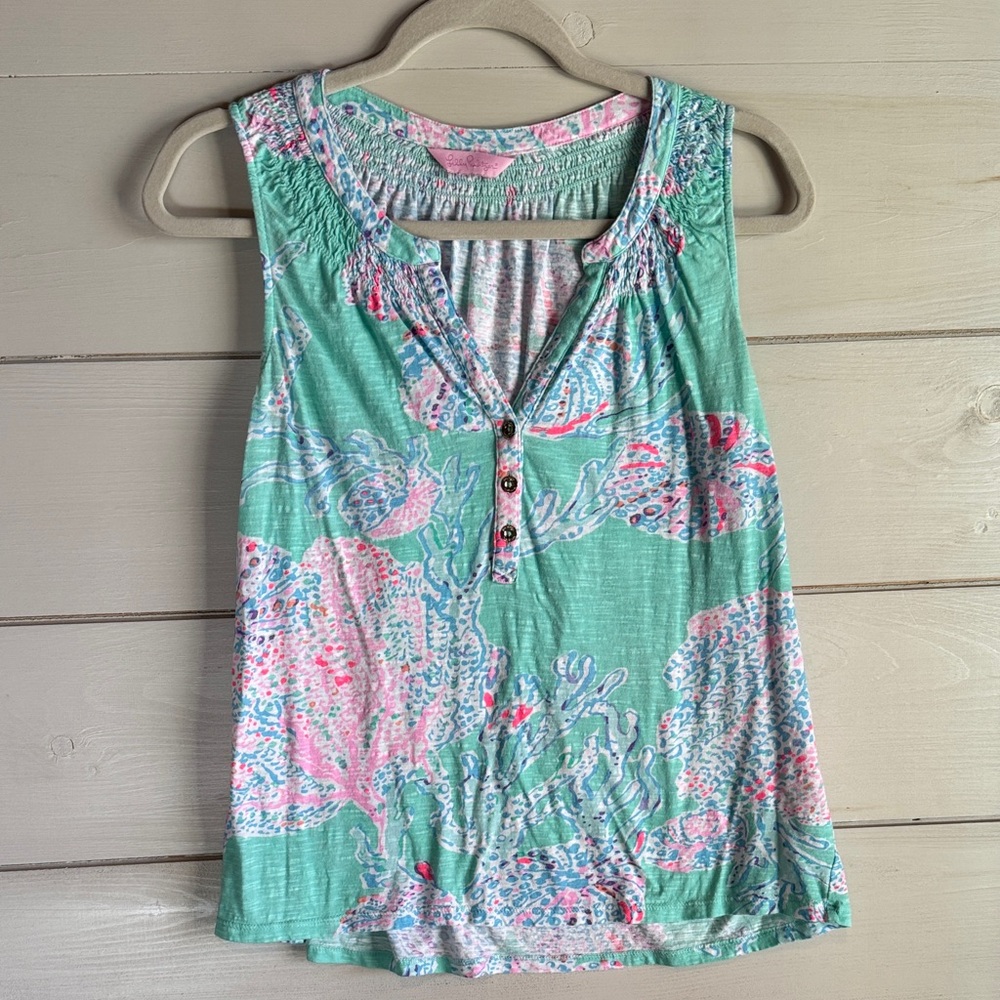 Lilly Pulitzer Green and Pink Cotton Floral Tank Top